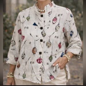 Painted Pony Linen Shacket Medium Lagenlook Chinese Lantern Print Artsy USA